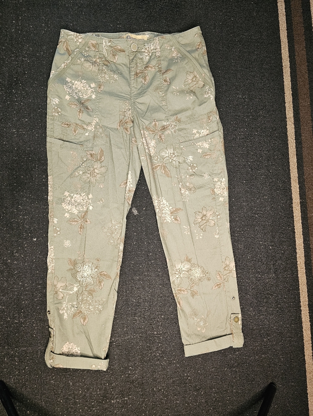 Democracy Floral Straight-Leg Pants in Olive Green with Metallic Accents - Picture 2 of 11